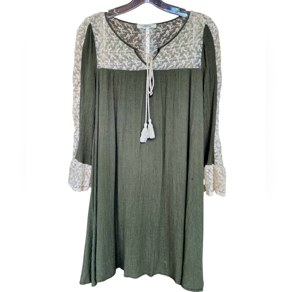 Lace Boho Peasant Long Sleeve Dress Olive Green